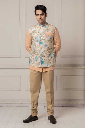POONAM KASERA_Multi Color Linen Floral Print Bundi And Kurta Set _at_Aza_Fashions