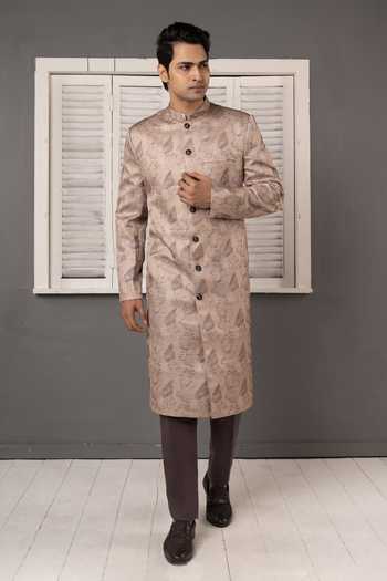 Poonam Kasera Brown Silk Beige Jacquard Woven Sherwani Set Online at Aza Fashions Poonam Kasera_Brown Silk Beige Jacquard Woven Sherwani Set _Online_at_Aza_Fashions