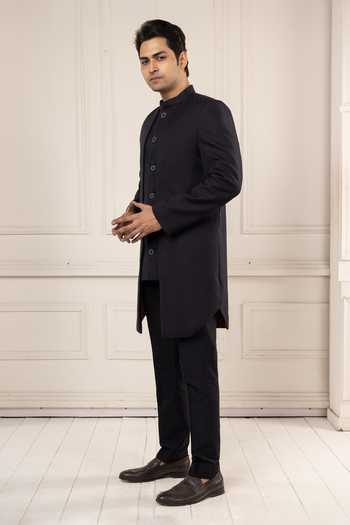 Poonam Kasera Black Silk Asymmetric Achkan Set Online at Aza Fashions Poonam Kasera_Black Silk Asymmetric Achkan Set _Online_at_Aza_Fashions