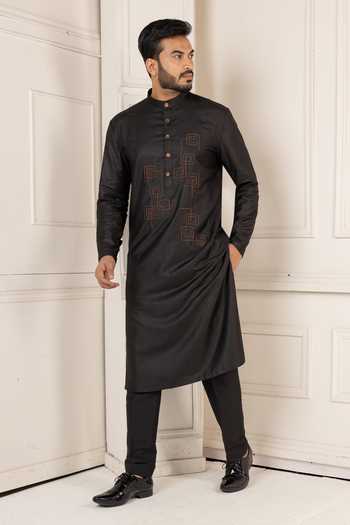 Shop_POONAM KASERA_Black Silk, Dupion Aari Embroidered Kurta Set _Online_at_Aza_Fashions