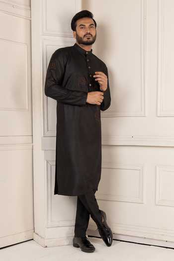 POONAM KASERA_Black Silk, Dupion Aari Embroidered Kurta Set _at_Aza_Fashions