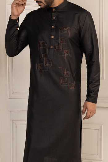 Buy_POONAM KASERA_Black Silk, Dupion Aari Embroidered Kurta Set 