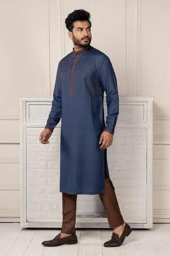 Shop POONAM KASERA Blue Silk, Dupion Embroidered Kurta Set Online at Aza Fashions Shop_POONAM KASERA_Blue Silk, Dupion Embroidered Kurta Set _Online_at_Aza_Fashions