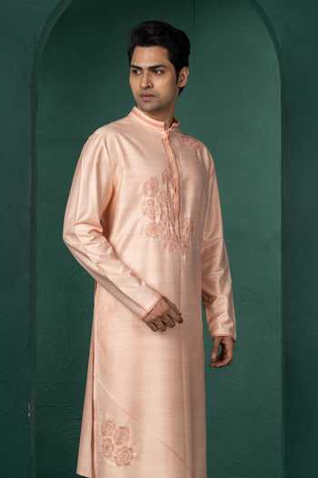 POONAM KASERA_Peach Silk, Dupion Embroidered Kurta Set _Online_at_Aza_Fashions