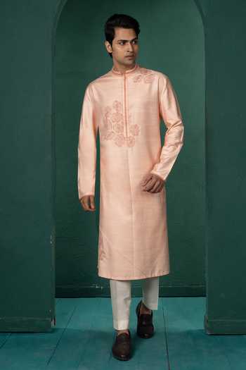 Buy_POONAM KASERA_Peach Silk, Dupion Embroidered Kurta Set _Online_at_Aza_Fashions