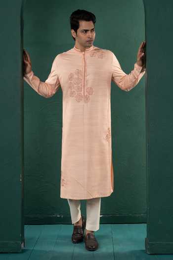 Shop_POONAM KASERA_Peach Silk, Dupion Embroidered Kurta Set _Online_at_Aza_Fashions