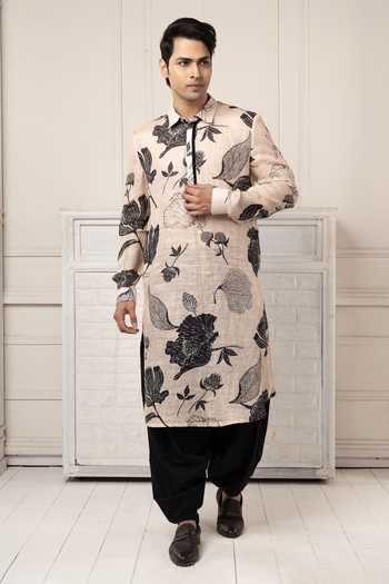 Buy POONAM KASERA Beige Linen Printed Pathani Kurta Set Online at Aza Fashions Buy_POONAM KASERA_Beige Linen Printed Pathani Kurta Set _Online_at_Aza_Fashions
