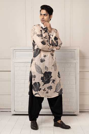 Shop POONAM KASERA Beige Linen Printed Pathani Kurta Set Online at Aza Fashions Shop_POONAM KASERA_Beige Linen Printed Pathani Kurta Set _Online_at_Aza_Fashions