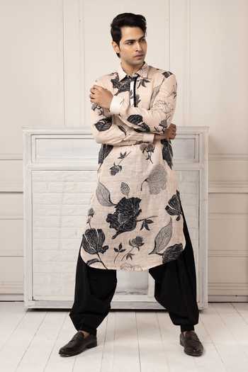 POONAM KASERA Beige Linen Printed Pathani Kurta Set at Aza Fashions POONAM KASERA_Beige Linen Printed Pathani Kurta Set _at_Aza_Fashions