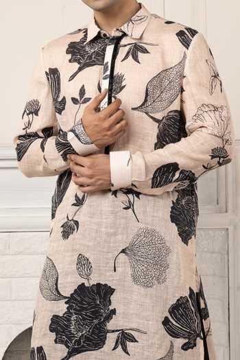 Buy POONAM KASERA Beige Linen Printed Pathani Kurta Set Buy_POONAM KASERA_Beige Linen Printed Pathani Kurta Set