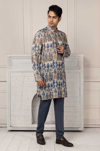 POONAM KASERA_Blue Linen Printed Kurta And Pant Set _Online_at_Aza_Fashions