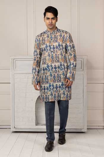 Buy_POONAM KASERA_Blue Linen Printed Kurta And Pant Set _Online_at_Aza_Fashions
