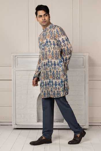 Shop_POONAM KASERA_Blue Linen Printed Kurta And Pant Set _Online_at_Aza_Fashions