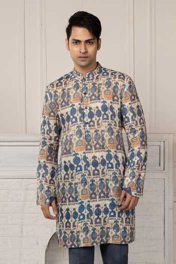 POONAM KASERA_Blue Linen Printed Kurta And Pant Set _at_Aza_Fashions