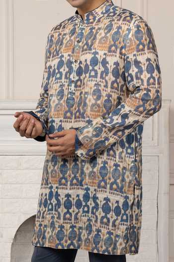 Buy_POONAM KASERA_Blue Linen Printed Kurta And Pant Set 