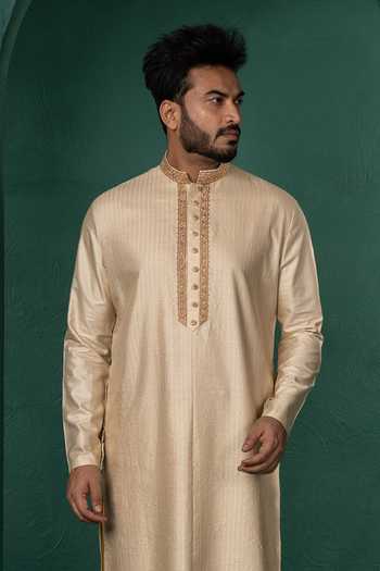 POONAM KASERA_Beige Silk, Dupion Embroidered Kurta Set _Online_at_Aza_Fashions