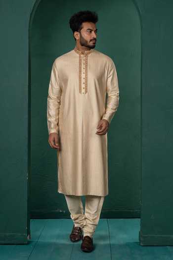 Buy_POONAM KASERA_Beige Silk, Dupion Embroidered Kurta Set _Online_at_Aza_Fashions