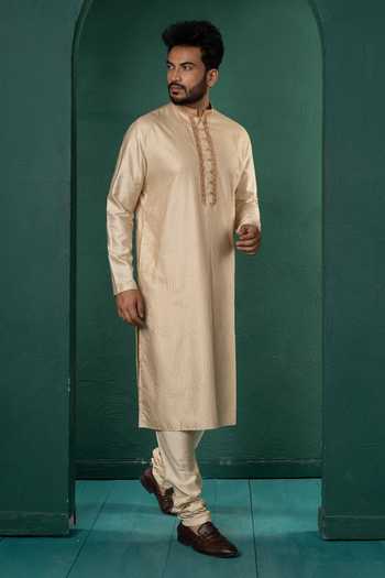 Shop_POONAM KASERA_Beige Silk, Dupion Embroidered Kurta Set _Online_at_Aza_Fashions