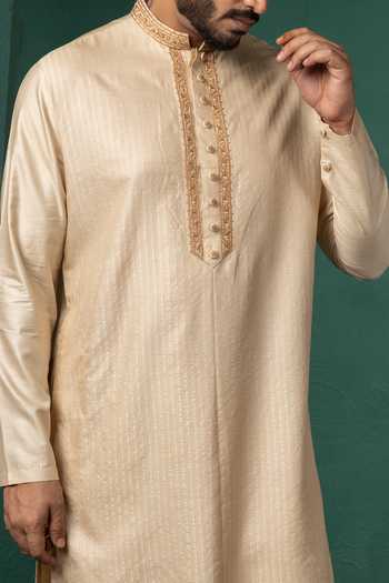 POONAM KASERA_Beige Silk, Dupion Embroidered Kurta Set _at_Aza_Fashions