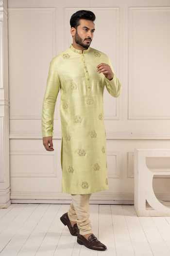 Shop POONAM KASERA Green Silk, Dupion Hand Embroidered Kurta And Churidar Set Online at Aza Fashions Shop_POONAM KASERA_Green Silk, Dupion Hand Embroidered Kurta And Churidar Set _Online_at_Aza_Fashions