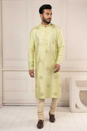 POONAM KASERA Green Silk, Dupion Hand Embroidered Kurta And Churidar Set at Aza Fashions POONAM KASERA_Green Silk, Dupion Hand Embroidered Kurta And Churidar Set _at_Aza_Fashions