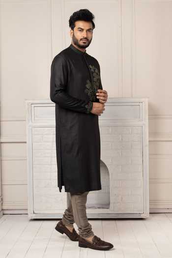 POONAM KASERA_Black Silk, Dupion Hand Embroidered Kurta Set _Online_at_Aza_Fashions