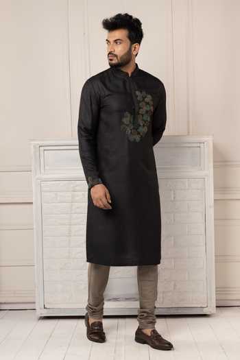 Buy_POONAM KASERA_Black Silk, Dupion Hand Embroidered Kurta Set _Online_at_Aza_Fashions
