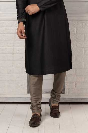 Shop_POONAM KASERA_Black Silk, Dupion Hand Embroidered Kurta Set _Online_at_Aza_Fashions