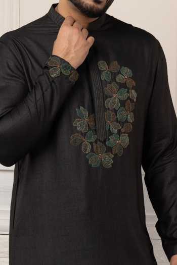 POONAM KASERA_Black Silk, Dupion Hand Embroidered Kurta Set _at_Aza_Fashions