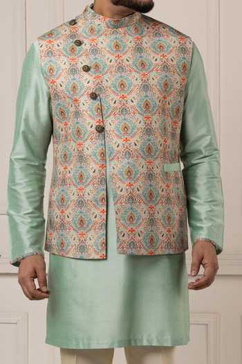 Shop POONAM KASERA Multi Color Silk, Cotton Printed Jacket And Kurta Set Shop_POONAM KASERA_Multi Color Silk, Cotton Printed Jacket And Kurta Set