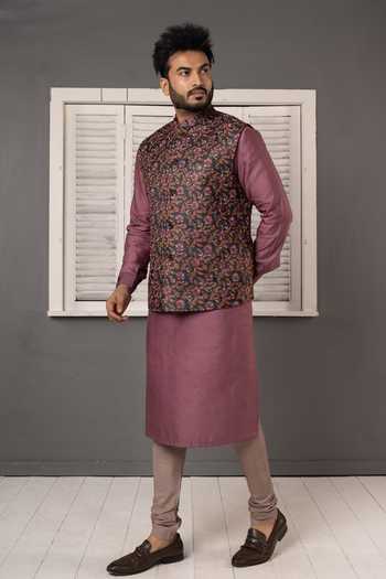 POONAM KASERA_Black Silk, Cotton Embroidery Floral Thread Bundi Set _at_Aza_Fashions