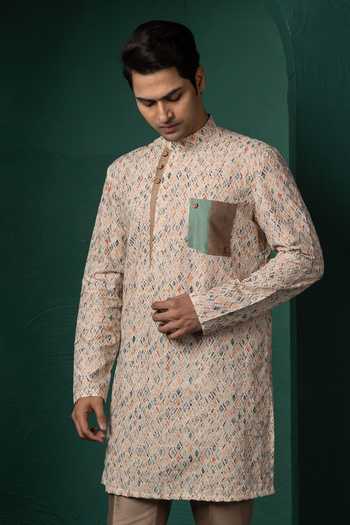 POONAM KASERA_Beige Linen Geometric Woven Kurta Set _Online_at_Aza_Fashions