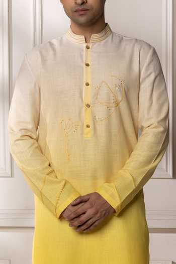 POONAM KASERA Yellow Linen Cream Ombre Kurta Set Online at Aza Fashions POONAM KASERA_Yellow Linen Cream Ombre Kurta Set _Online_at_Aza_Fashions