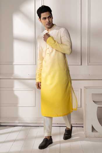 POONAM KASERA Yellow Linen Cream Ombre Kurta Set at Aza Fashions POONAM KASERA_Yellow Linen Cream Ombre Kurta Set _at_Aza_Fashions