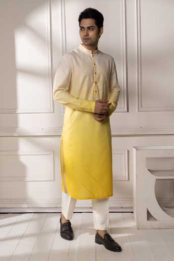 Buy POONAM KASERA Yellow Linen Cream Ombre Kurta Set Buy_POONAM KASERA_Yellow Linen Cream Ombre Kurta Set