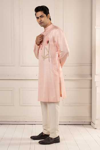 Shop_Poonam Kasera_Pink Silk, Dupion Blush Embroidered Kurta Set _Online_at_Aza_Fashions