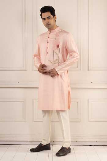 Poonam Kasera_Pink Silk, Dupion Blush Embroidered Kurta Set _at_Aza_Fashions