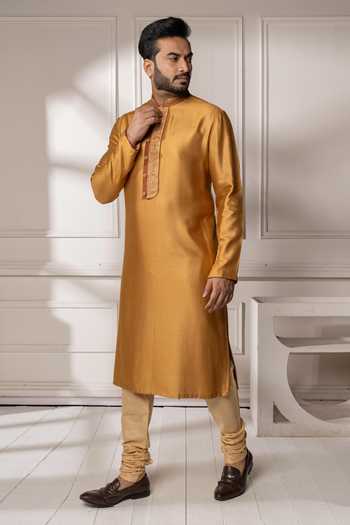 Poonam Kasera_Yellow Silk, Dupion Kashmiri Embroidered Kurta Set _Online_at_Aza_Fashions