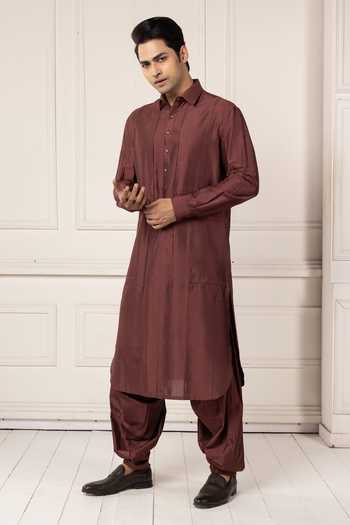 Buy POONAM KASERA Maroon Silk, Cotton Deep Textured Kurta Set Online at Aza Fashions Buy_POONAM KASERA_Maroon Silk, Cotton Deep Textured Kurta Set _Online_at_Aza_Fashions
