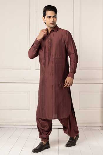 POONAM KASERA Maroon Silk, Cotton Deep Textured Kurta Set at Aza Fashions POONAM KASERA_Maroon Silk, Cotton Deep Textured Kurta Set _at_Aza_Fashions