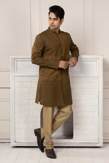 POONAM KASERA Olive Green Linen, Handloom Cotton Embroidered Short Kurta Set Online at Aza Fashions POONAM KASERA_Olive Green Linen, Handloom Cotton Embroidered Short Kurta Set _Online_at_Aza_Fashions