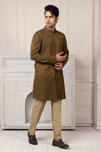 Shop POONAM KASERA Olive Green Linen, Handloom Cotton Embroidered Short Kurta Set Online at Aza Fashions Shop_POONAM KASERA_Olive Green Linen, Handloom Cotton Embroidered Short Kurta Set _Online_at_Aza_Fashions