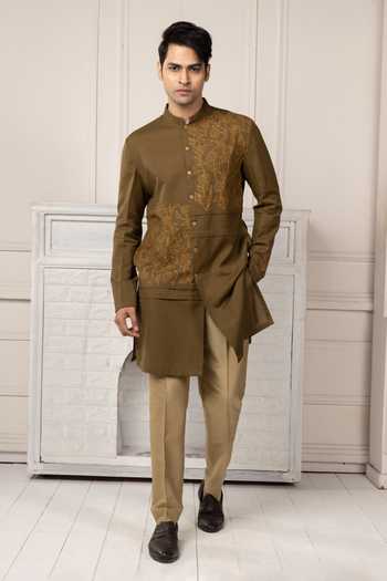 POONAM KASERA Olive Green Embroidered Short Kurta Set 