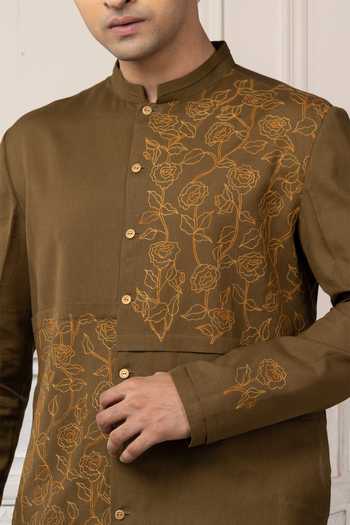 POONAM KASERA Olive Green Linen, Handloom Cotton Embroidered Short Kurta Set at Aza Fashions POONAM KASERA_Olive Green Linen, Handloom Cotton Embroidered Short Kurta Set _at_Aza_Fashions