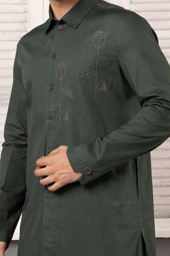 Buy_POONAM KASERA_Green Silk, Cotton Deep Short Kurta Set _Online_at_Aza_Fashions