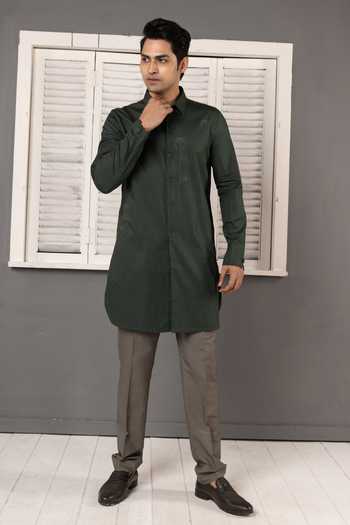 Shop_POONAM KASERA_Green Silk, Cotton Deep Short Kurta Set _Online_at_Aza_Fashions