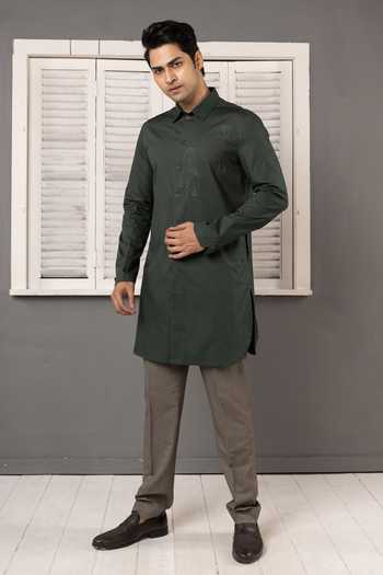 POONAM KASERA_Green Silk, Cotton Deep Short Kurta Set _at_Aza_Fashions