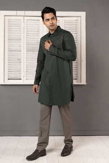 Buy_POONAM KASERA_Green Silk, Cotton Deep Short Kurta Set 