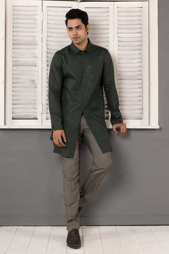 Shop_POONAM KASERA_Green Silk, Cotton Deep Short Kurta Set 