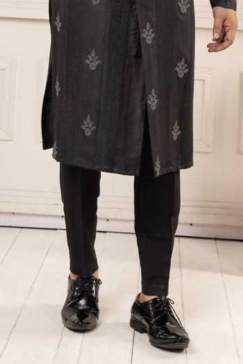 POONAM KASERA_Black Silk, Dupion Pintucks Kurta Set _Online_at_Aza_Fashions